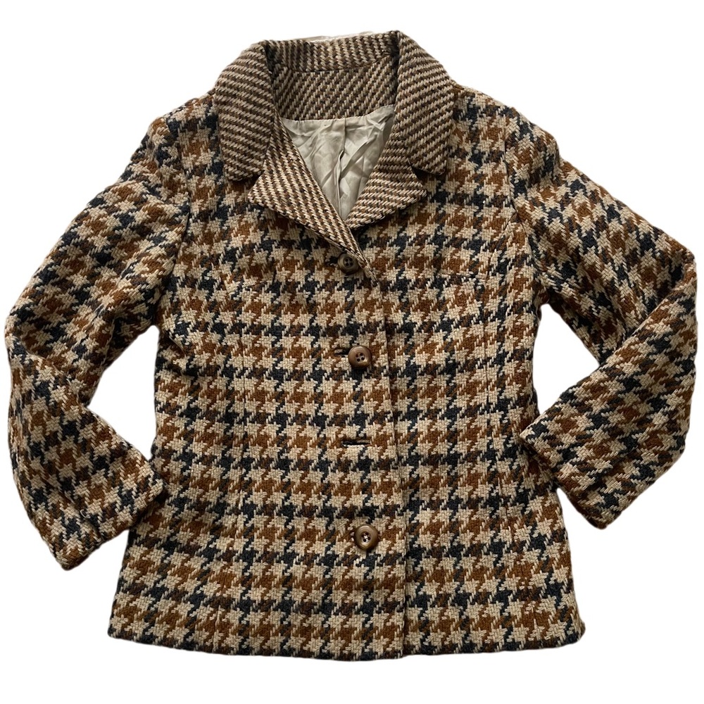 Vintage Wool Neutral Houndstooth Blazer Jacket